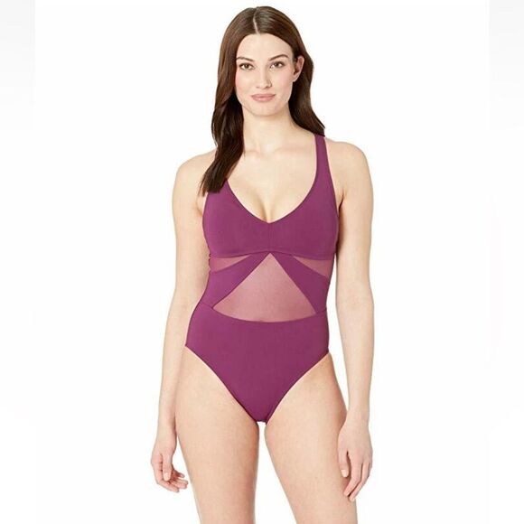 Bleu Rod Beattie V-Neck Mesh Strappy Cross-Back One Piece Purple Swimsuit Sz. 12 - Picture 1 of 12